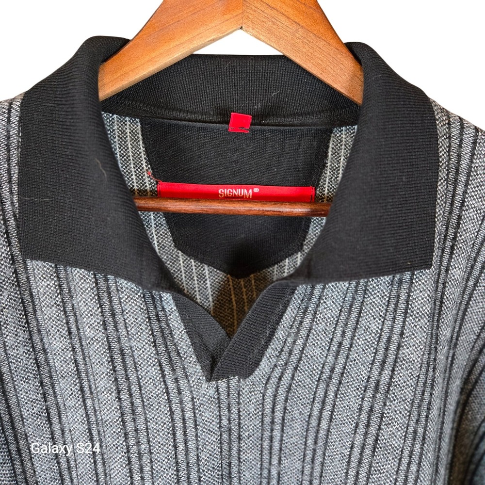 SIGNUM Mens XL Long Sleeve Merino Wool Blend Striped‎ Polo Shirt